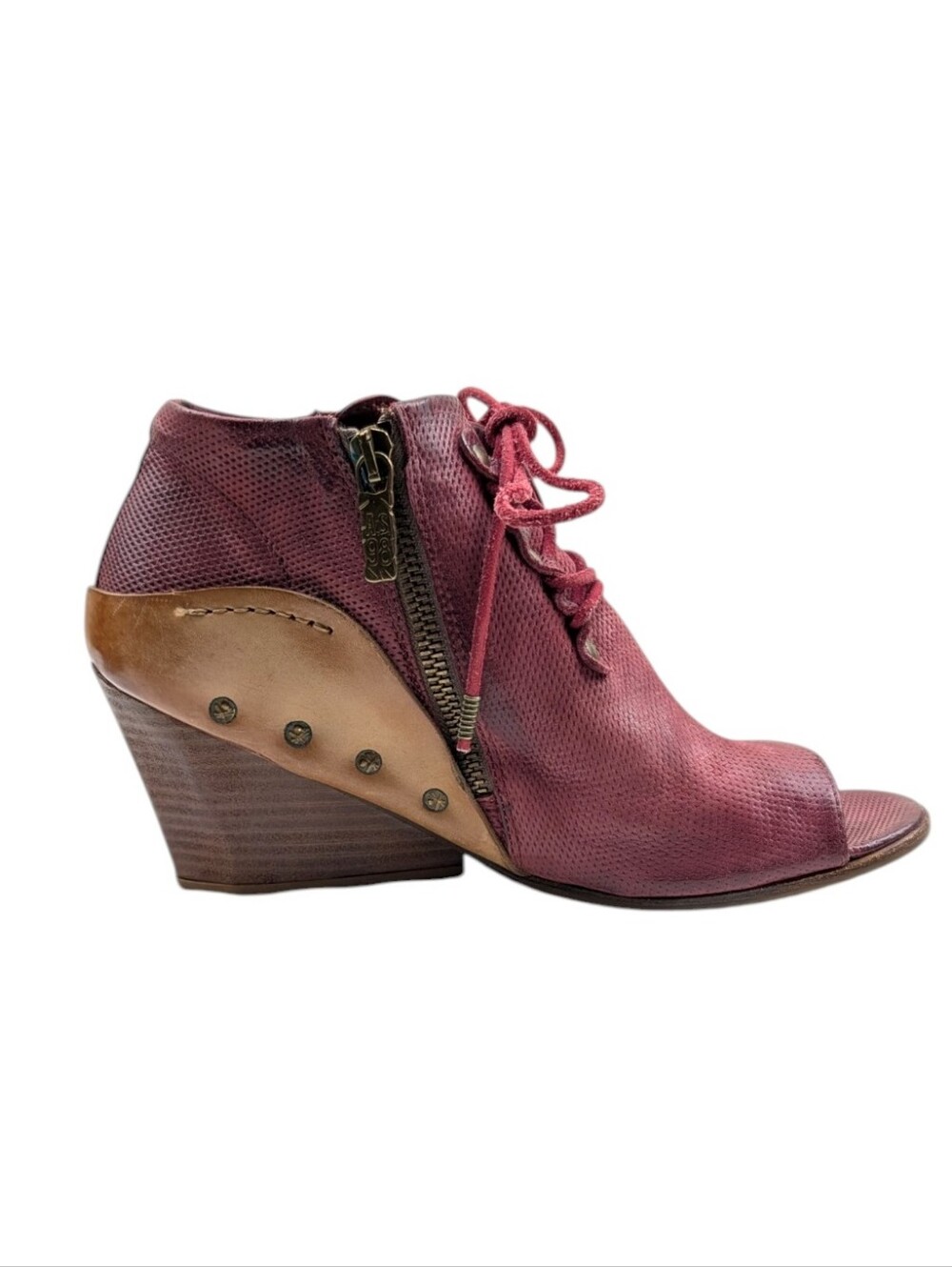 A.S.98 Burgundy Leather Peep Toe Lace-Up Wedge Booties EU 38 US 7.5/8   S4249 - Picture 6 of 12